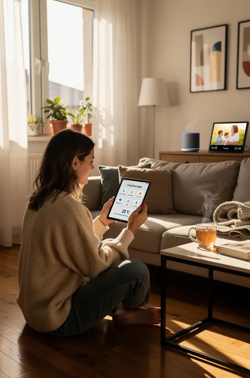 Infografic educațional explicând beneficiile integrării tehnologiei inteligente în viața cotidiană.